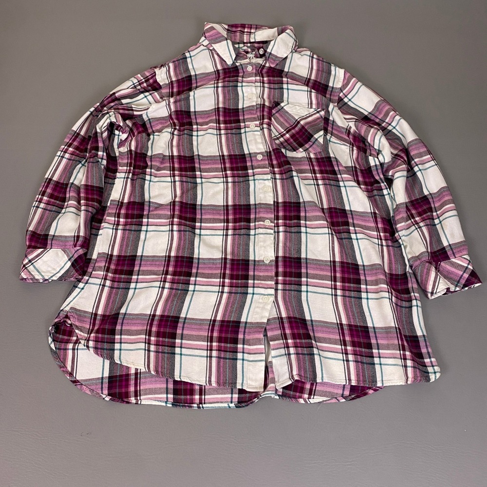 Ava & Viv Flannel Shirt Womens 1X Purple Plaid Rayon Button Up Long Sleeve *Flaw